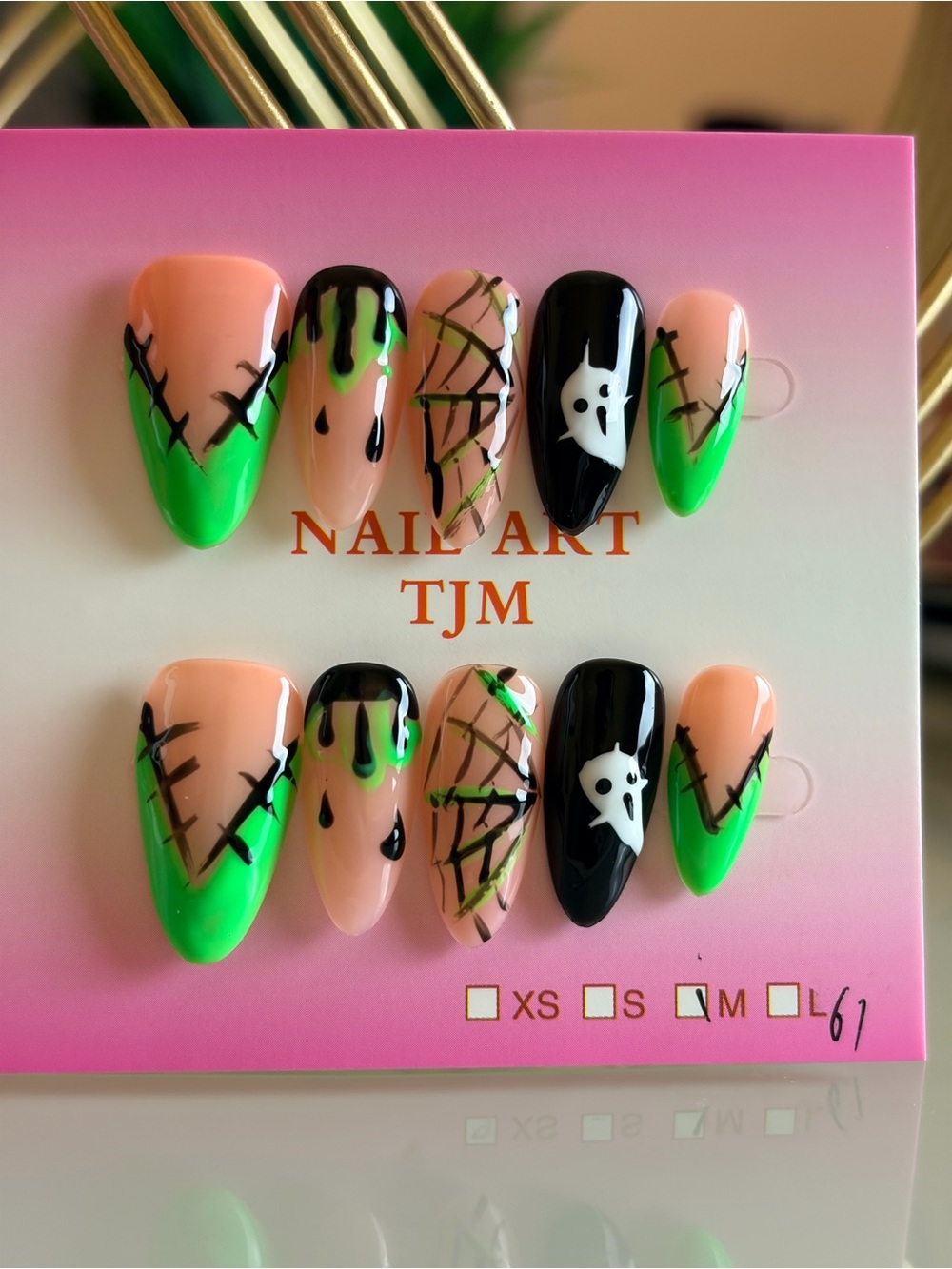 Halloween Nail Art Press-On Set in Neon Green, Black & Nude -Med